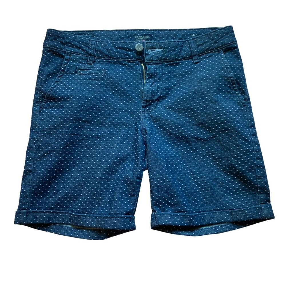 US POLO Assn - Denim stretchy blue with white dots- high waist shorts - size 8